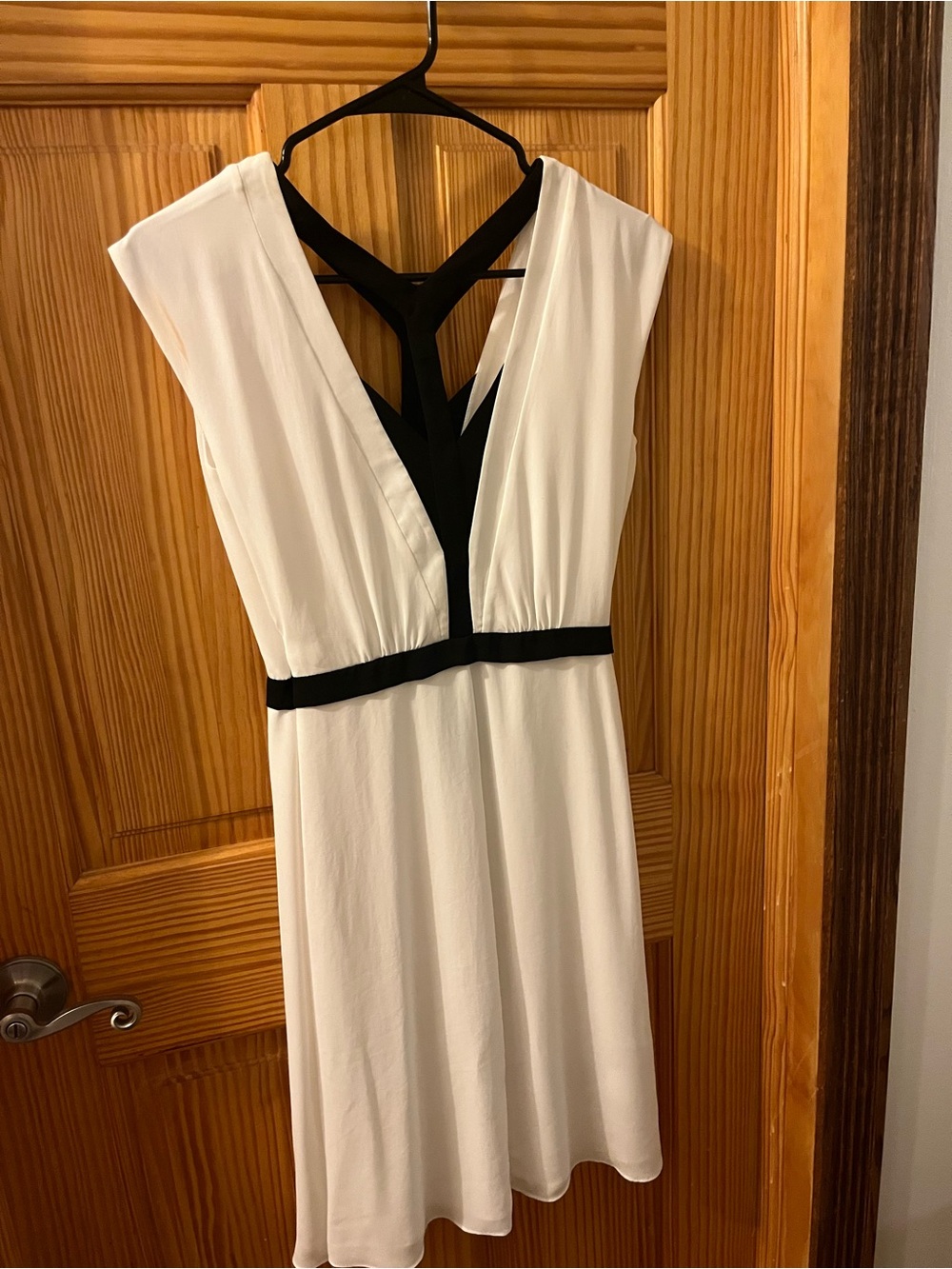 Women's White V-Neck Dress with Black Trim